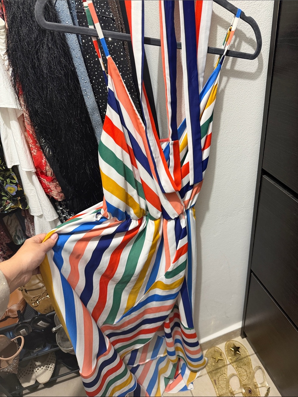 Tyche Multistripe V-Neck Maxi Dress in Blue, Red, Green, Yellow & Pink